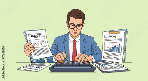 Professional male accountant in blue suit using calculator and checking budget report in the office