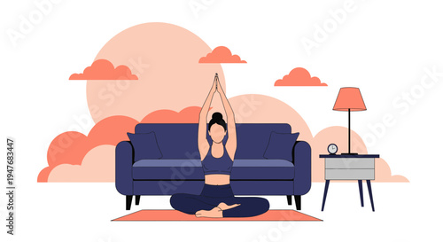 Woman girl yoga at home in room sofa lamp mat sun zen art rest calm