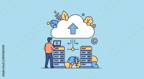 Modern flat illustration showing man using laptop for cloud data upload to remote digital server system