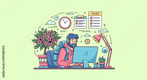 Man work at desk with pc lamp plant clock to do list in home office