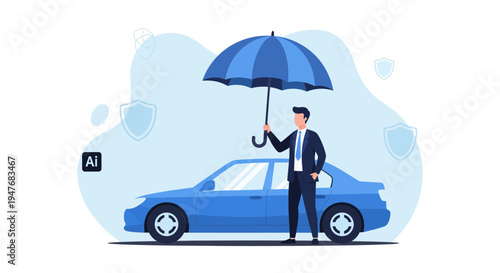 Car insurance agent holding blue umbrella over sedan for safety protection and financial security service plan