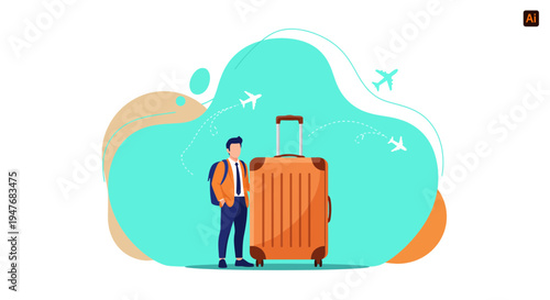 Male traveler with bag and big suitcase ready for a trip tour or flight abroad today world