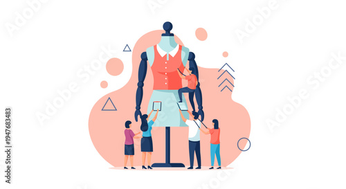 Professional fashion designers and tailors working together to create a new dress on a giant mannequin stand