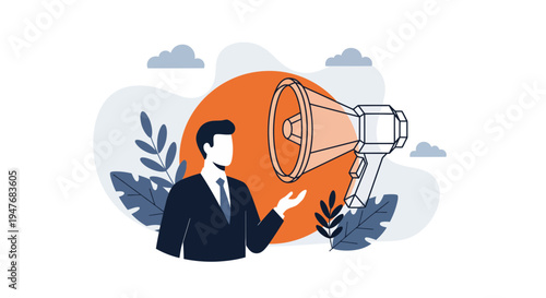 Businessman in suit next to large megaphone representing marketing strategy and digital communication and corporate growth and brand awareness and success