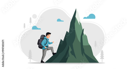 A man with a big backpack is hiking up a very high green mountain peak