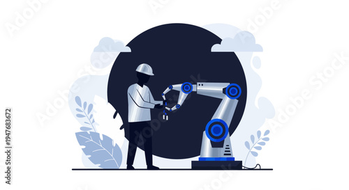 Tech man work with blue robot arm at big lab or dark room plus cloud