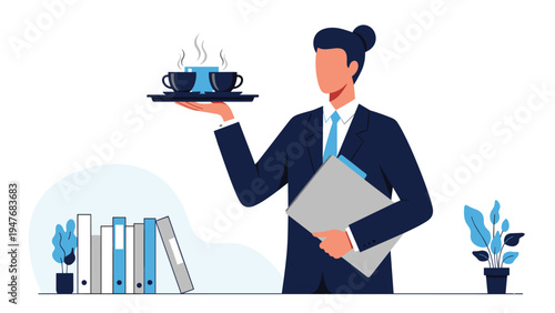 Professional businesswoman in a dark suit balancing a tray of steaming coffee while holding a grey office folder in a corporate setting.