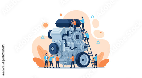 Team of professional mechanics and engineers working together to repair and maintain a giant industrial machine motor engine