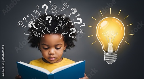 Young student reading book with question marks and light bulb idea