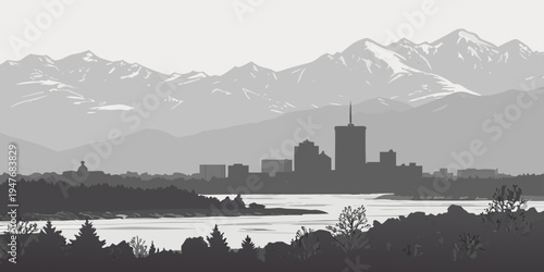 USA, US, U.S, United States - Anchorage skyline with snowy mountains monochrome panorama 