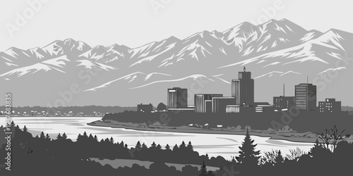 USA, US, U.S, United States - Anchorage skyline with snowy mountains monochrome panorama 
