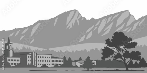 USA, US, U.S, United States - Boulder skyline with flatirons mountains monochrome panorama