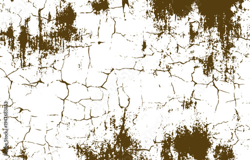 Dark brown grunge texture with deep cracks and weathered paint splatters on a white background
