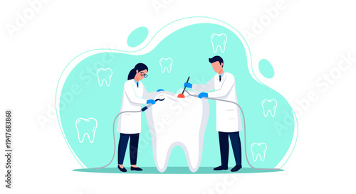 Professional male and female dentists wearing lab coats performing dental treatment on a huge white tooth model for medical healthcare illustration concept