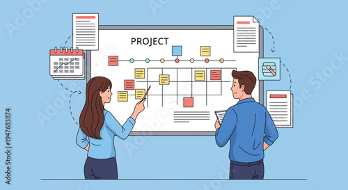 A man and woman at work on a new project plan for a team goal list