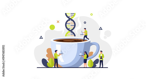 Science research of DNA structure and caffeine energy inside cup of coffee drink with tiny people illustration