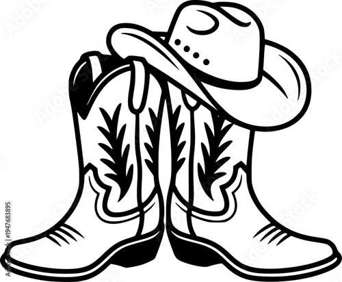 Black and white of cowboy boots and hat with decorative stitching and patterns western