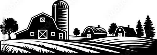 Black silhouette of a farm with barns silo trees and rolling fields white background