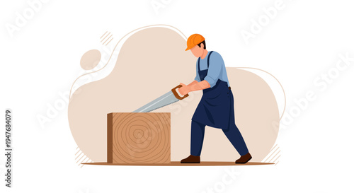 A man as a pro carpenter uses a hand saw to cut wood fast now