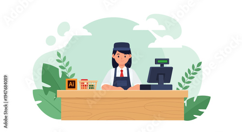 Female shop cashier worker behind retail grocery store checkout counter desk with machine basket flat vector character illustration design