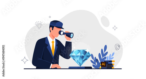 Man In Suit Sees Big Blue Gem To Find Good Work Gain Rich Fast Fine