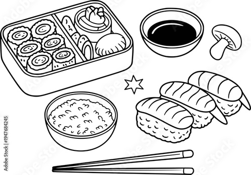 Hand Drawn Japanese Bento Box Sushi Rice Soy Sauce Mushroom Chopsticks