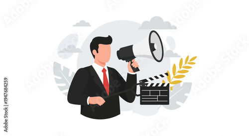 Pro film man with megaphone and clapper board for news ads in a black suit