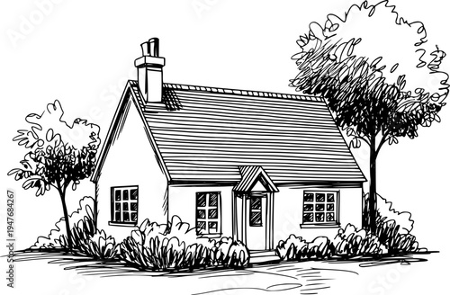 Hand drawn of a charming cottage with a pitched roof and chimney surrounded by trees and bushes