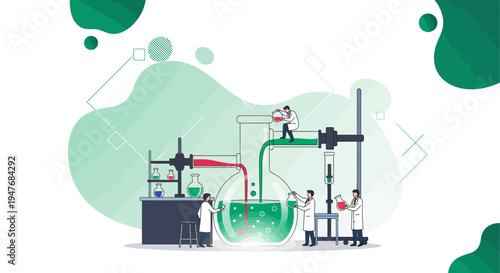 Scientific team working on complex chemical research in modern laboratory with large glass flasks and liquids