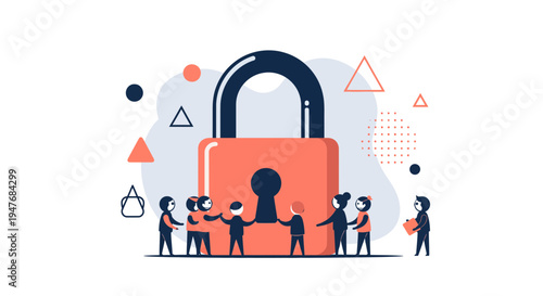 Corporate security team working together to protect private digital data with a giant heavy red padlock illustration