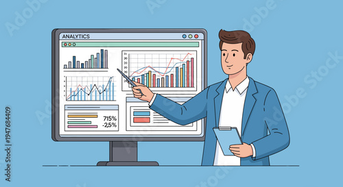 Man shows data on screen for work plan and big growth or firm goal now