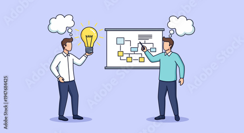 Professional businessmen collaborating on strategic planning with innovative creative lightbulb idea and corporate flowchart presentation