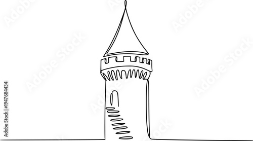 Single line of a medieval tower with conical roof and stairs castle architecture