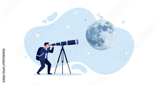 Man sees a big moon at night with tool to find new stars and space