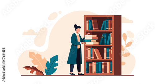 Girl at book shelf for study work info in flat art of book and library