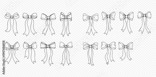 Set of hand-drawn decorative bows, perfect for gifts, celebrations, and festive occasions, isolated on a transparent background.
