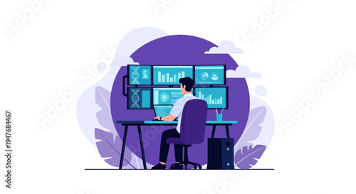 A man at a desk with many screens is busy with his DNA data test