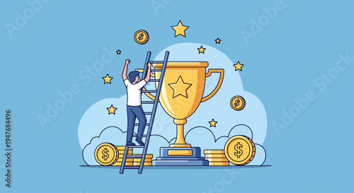 Man on ladder reach big gold cup win coin star goal work hard top luck
