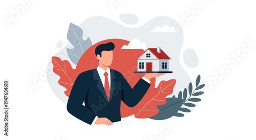 Real estate agent in suit holds small home for sale buy loan rent mortgage and house property deal business