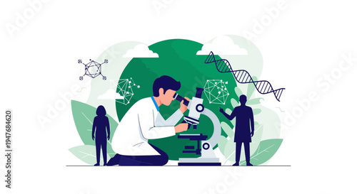 Male scientist using microscope in lab for dna cell bio science research work vector illustration
