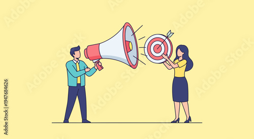 Man with megaphone and woman with target showing business marketing strategy to reach specific goal