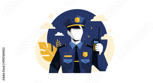 Law officer man in blue gear with radio and hat in a flat vector style