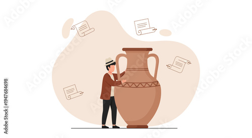 A man holding an ancient Greek amphora pottery with old historical paper scrolls in the background flat illustration vector