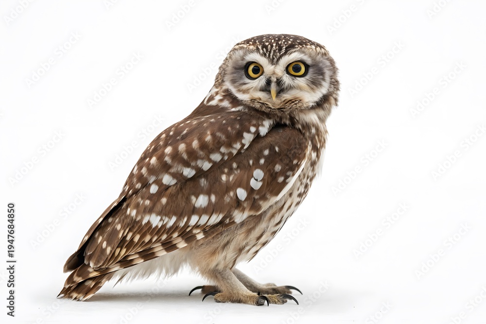 Fototapeta premium Owl perched side profile, brown and white patterned