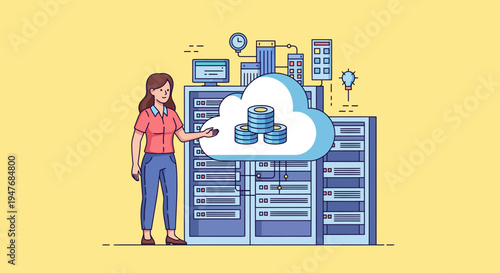 Female IT expert managing cloud data storage server racks for modern digital business network systems