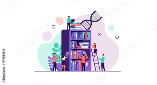 Flat vector of tiny people studying dna with books in library for science and education research