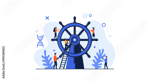 Teamwork people steering giant ship wheel for business leadership management success navigation goal strategy together action