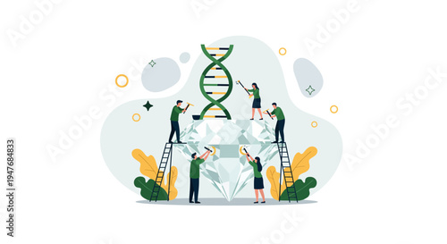 A small team of people work on DNA and big diamond for bio science art