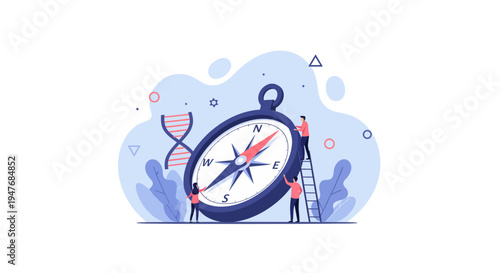 Business team use a giant compass to find the right way for success and growth and goals