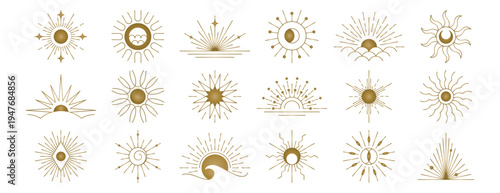 A collection of golden sun and moon symbols in various designs